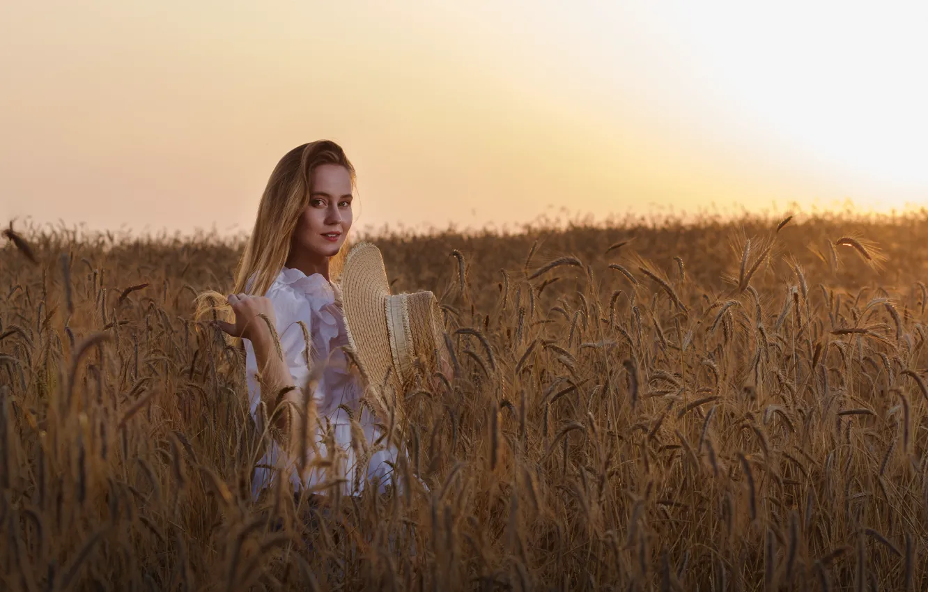 Photo wallpaper field, look, girl, sunset, hat, ears, Rus, Maciej Werbliński