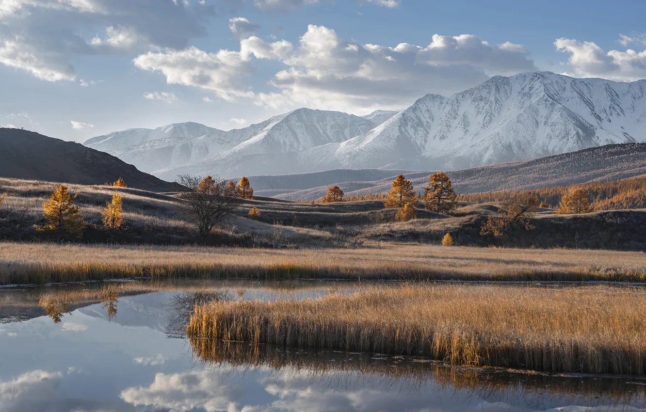 Photo wallpaper autumn, clouds, mountains, beauty, space, river, Galina Deinekina