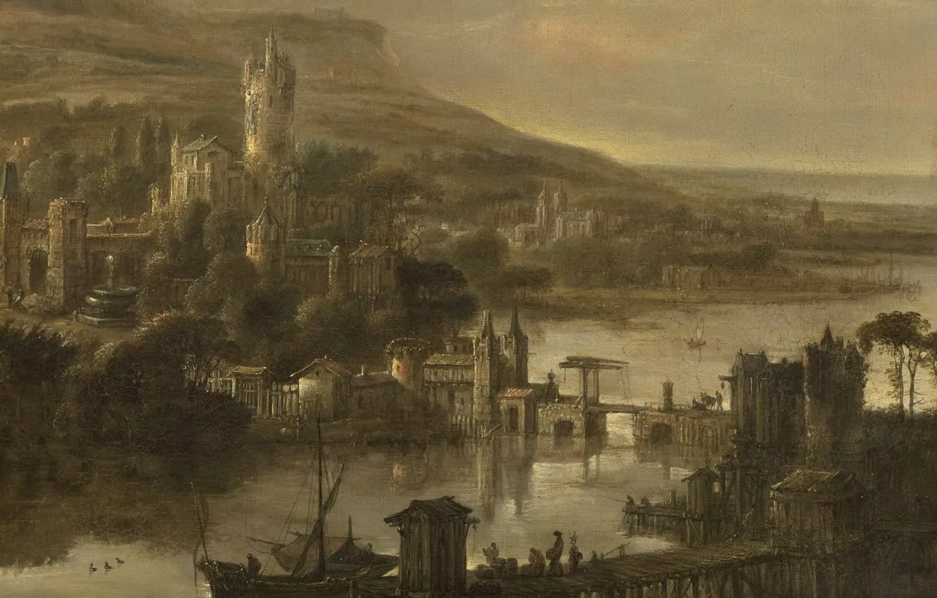 Photo wallpaper landscape, picture, Jacob de Wet the Elder, Panoramic Landscape with a View of the River …