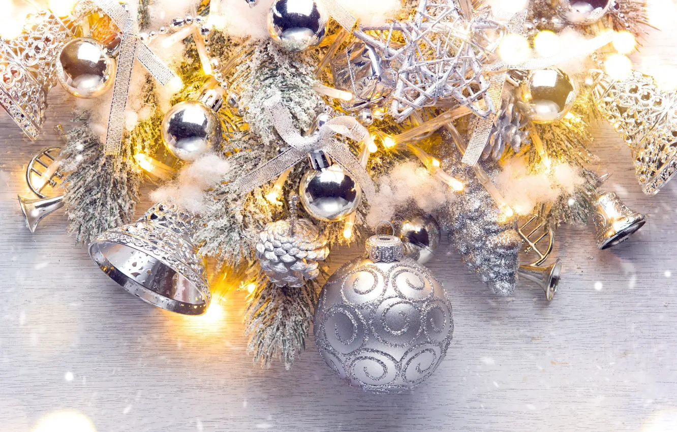 Photo wallpaper holiday, balls, toy, silver, new year, beads, bells, bumps