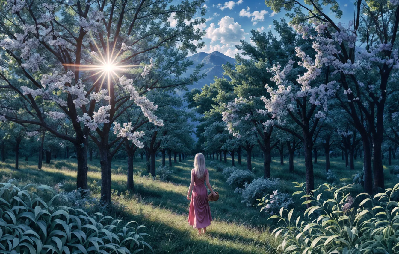 Photo wallpaper girl, light, trees, mountains, Park, spring, garden, walk