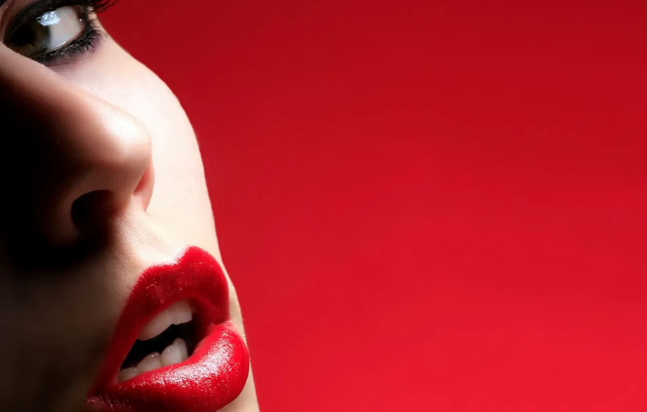 Photo wallpaper girl, face, lips, red background