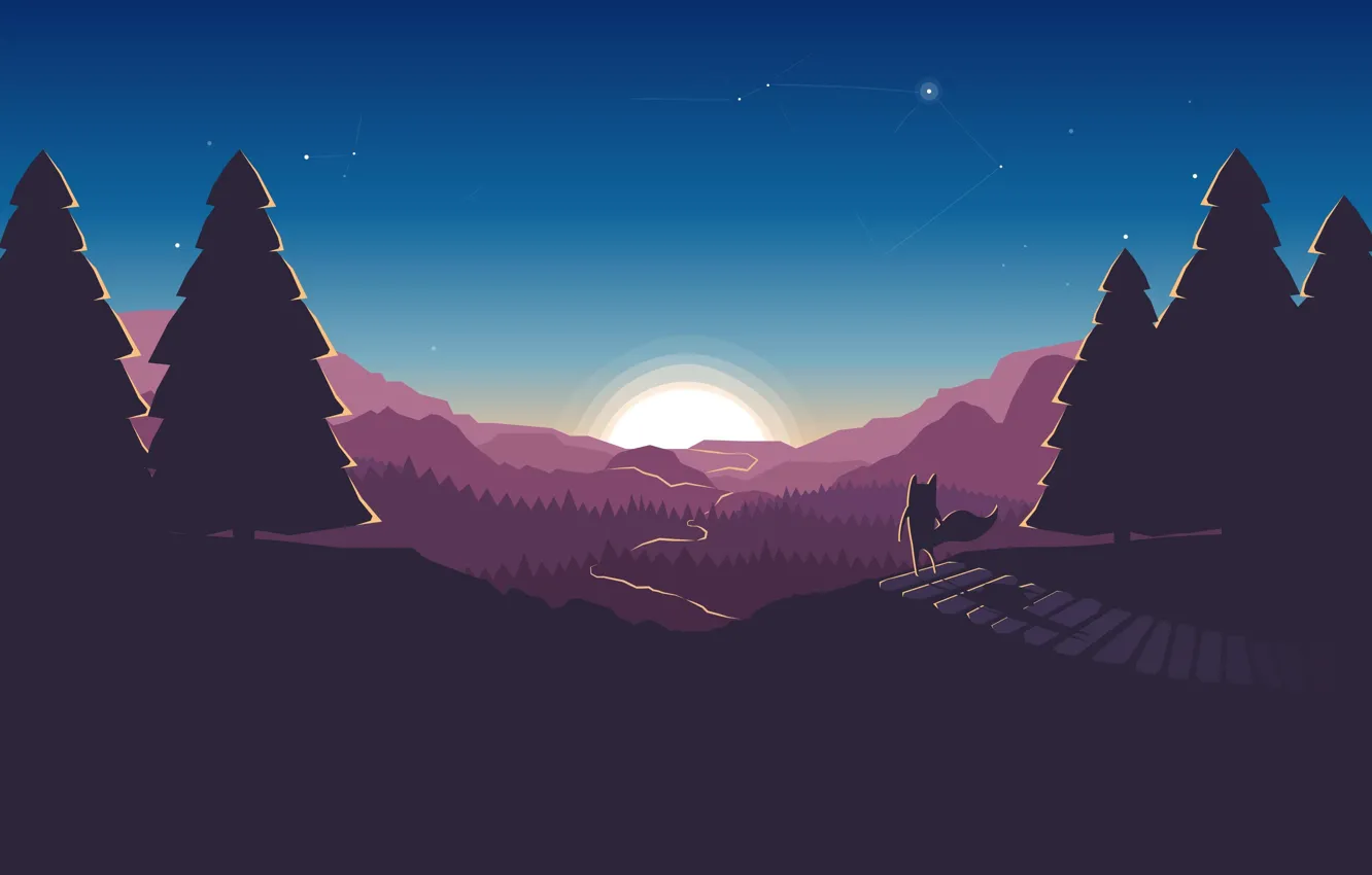 Photo wallpaper road, forest, Fox, the sky, stars, sunset, mountains, dawn