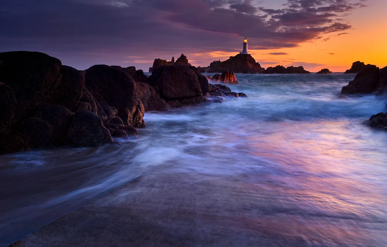 Photo wallpaper sea, light, sunset, lights, rocks, the evening, excerpt, Lighthouse