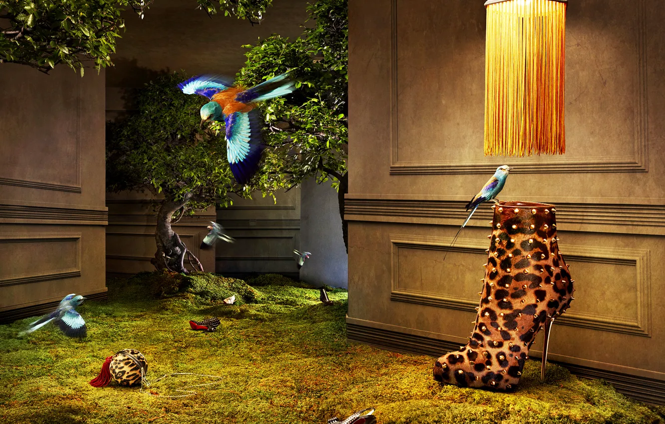 Photo wallpaper birds, tree, wall, glamour, Shoes