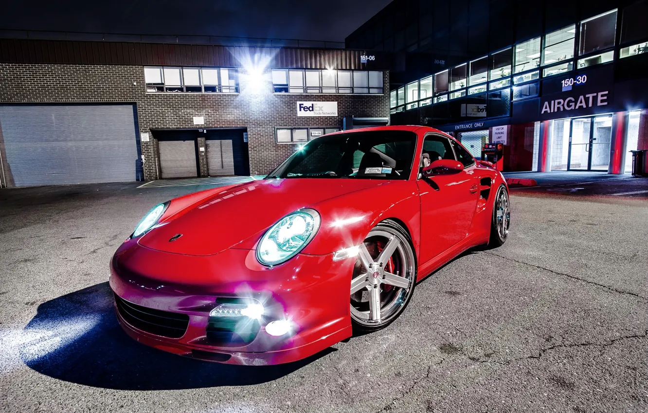 Photo wallpaper Red, Auto, Night, Porsche, Red, Supercar, 997TT