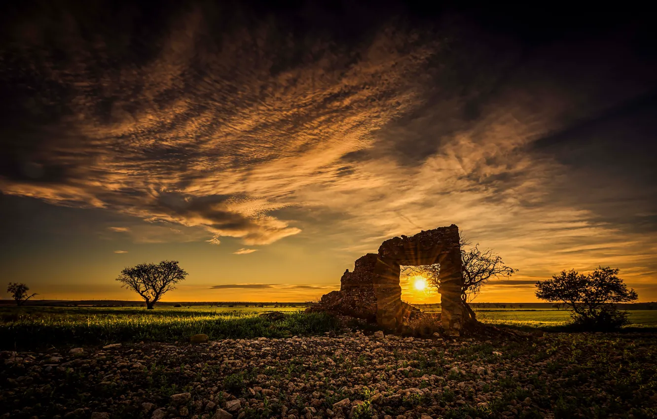 Photo wallpaper field, the sky, the sun, clouds, sunset, construction, ruins, building