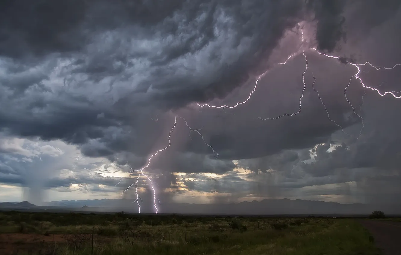 Photo wallpaper the storm, clouds, lightning, element, field, the shower