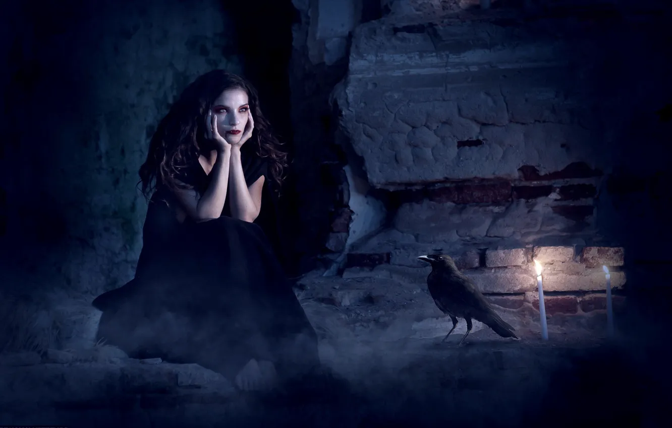 Photo wallpaper girl, candles, vampire, cave, Raven