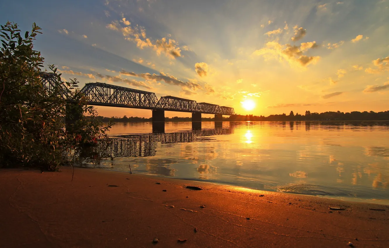 Photo wallpaper bridge, river, dawn, Volga, Yaroslavl