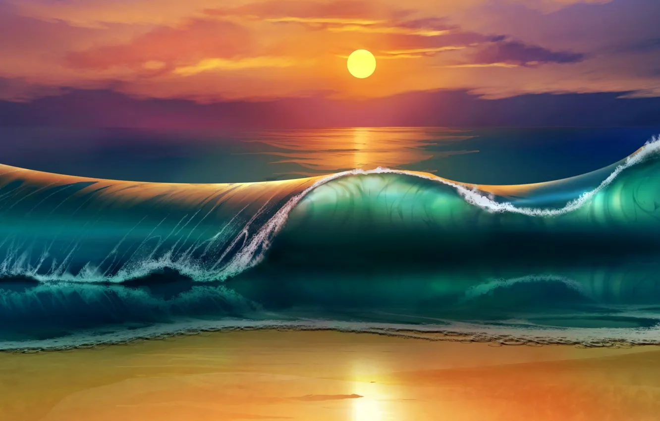 Photo wallpaper sea, wave, beach, sunset