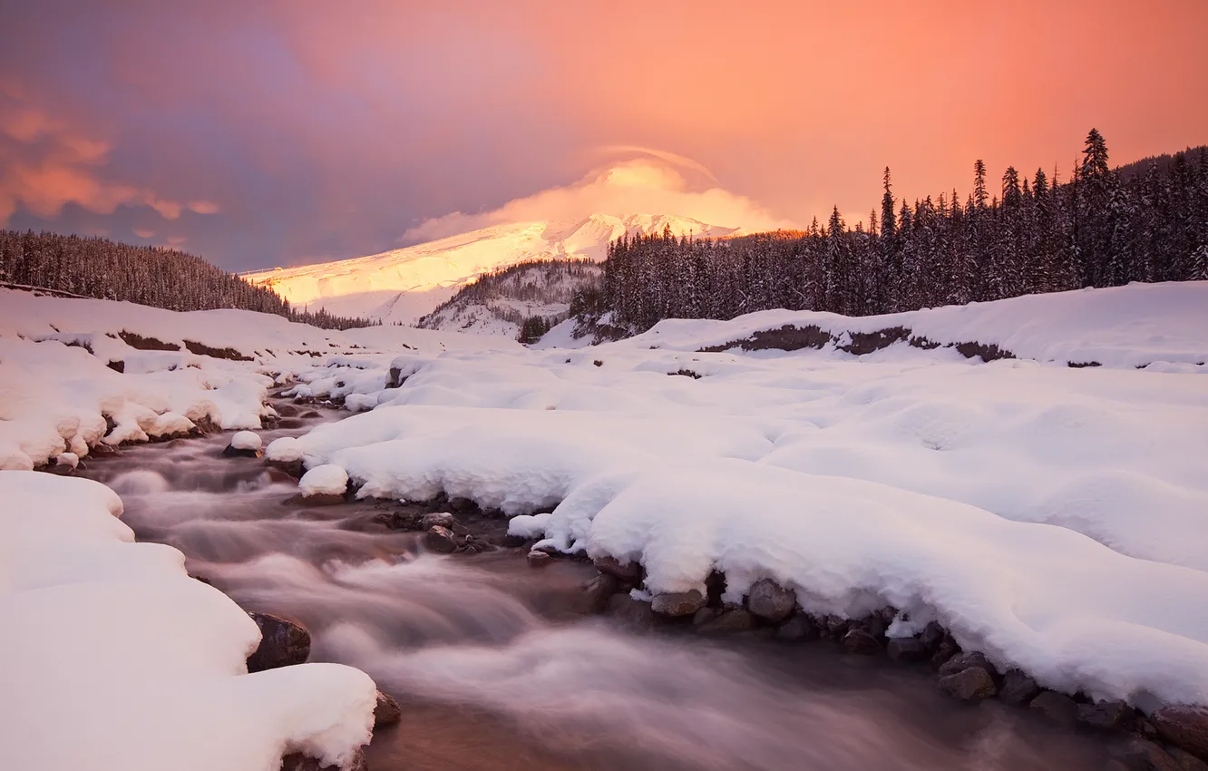 Photo wallpaper winter, snow, mountains, stream