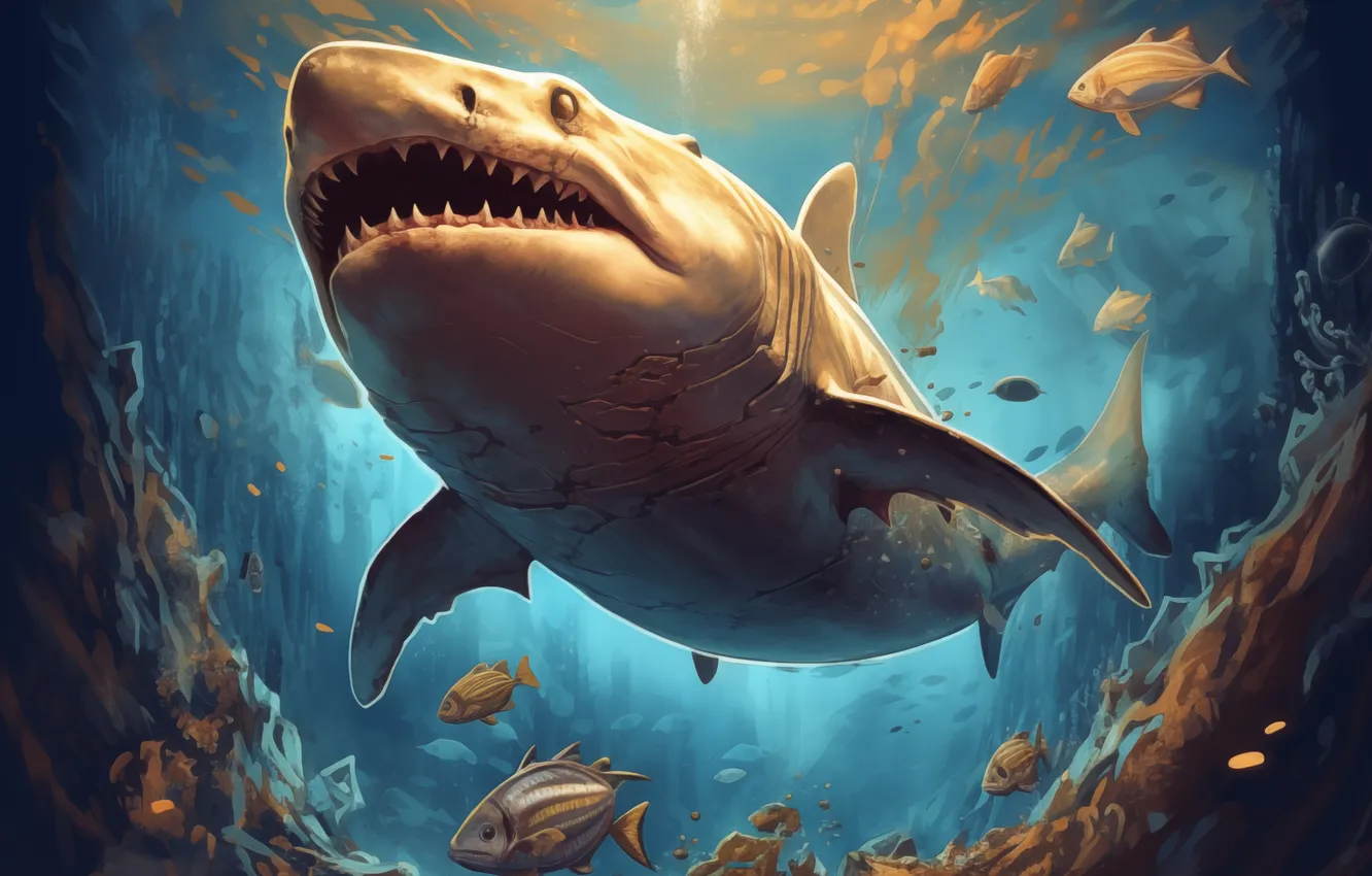 Photo wallpaper fish, predator, shark, teeth, underwater world, digital art, AI art, The Art of Artificial Intelligence