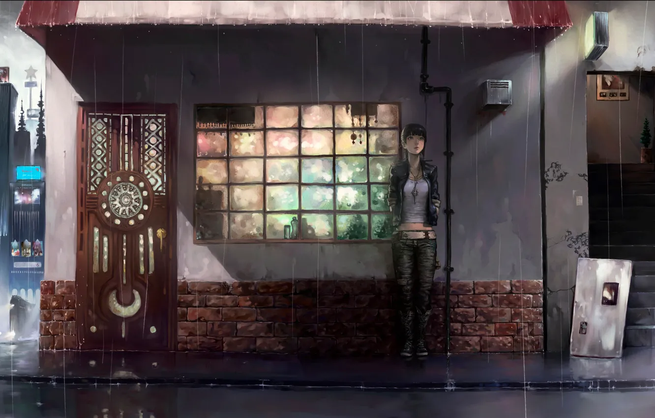Photo wallpaper girl, rain, anime, the door, art, waiting, visor