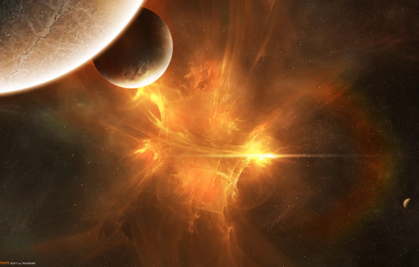 Photo wallpaper stars, light, planet, satellite, interstellar gas