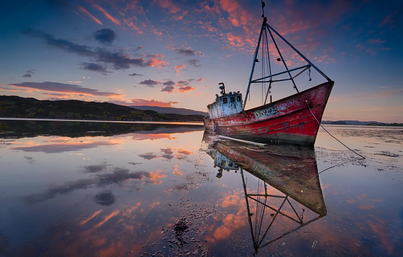Photo wallpaper landscape, the ocean, dawn, shore, ship, The ship