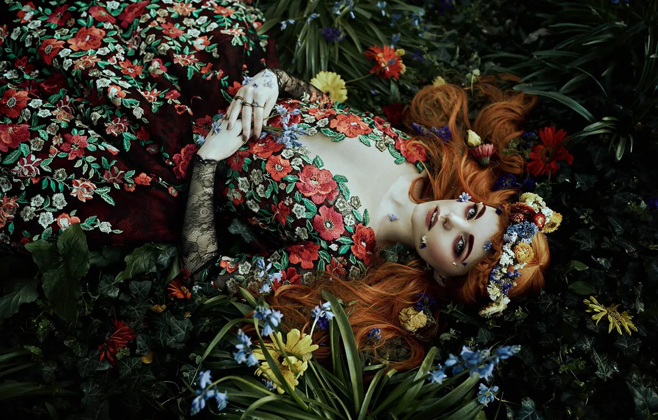 Photo wallpaper look, girl, flowers, style, mood, dress, wreath, Bella Kotak