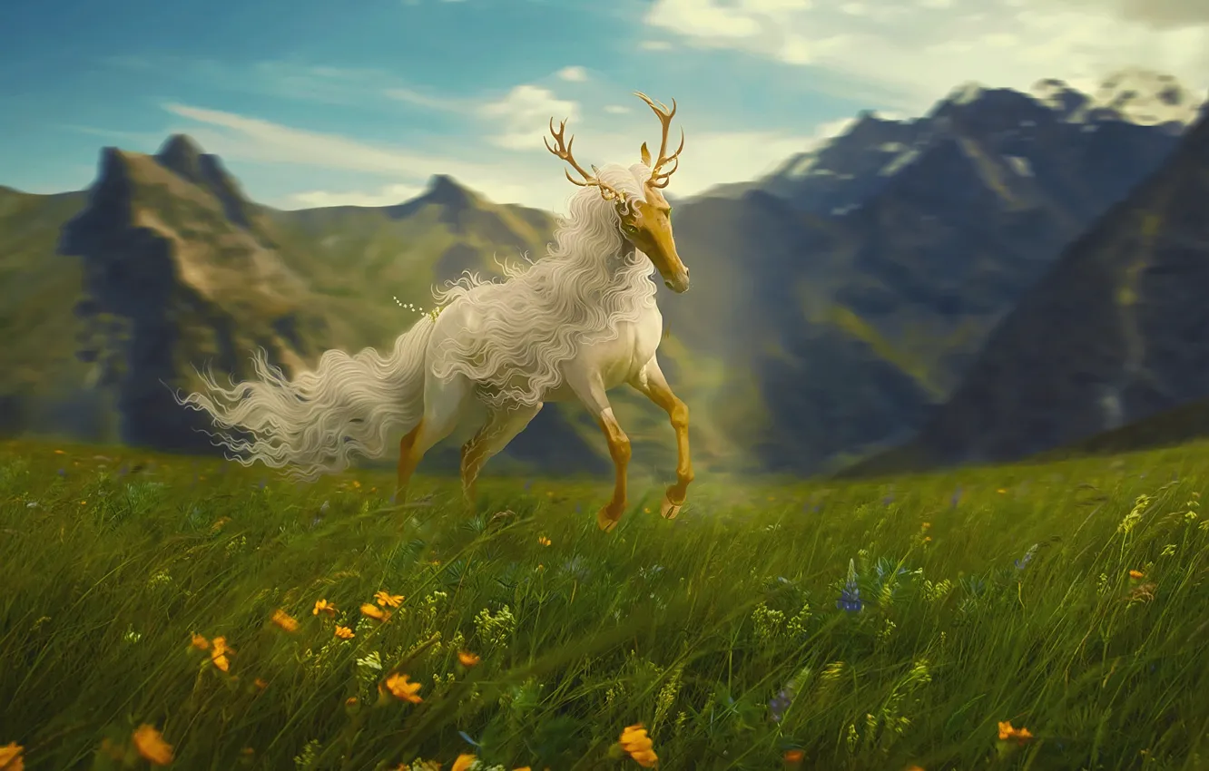 Photo wallpaper flowers, mountains, horse, fantasy, meadow, by Neverrmind