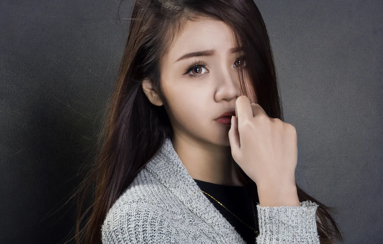 Photo wallpaper sadness, look, girl, pose, portrait, hands, brown hair, Asian