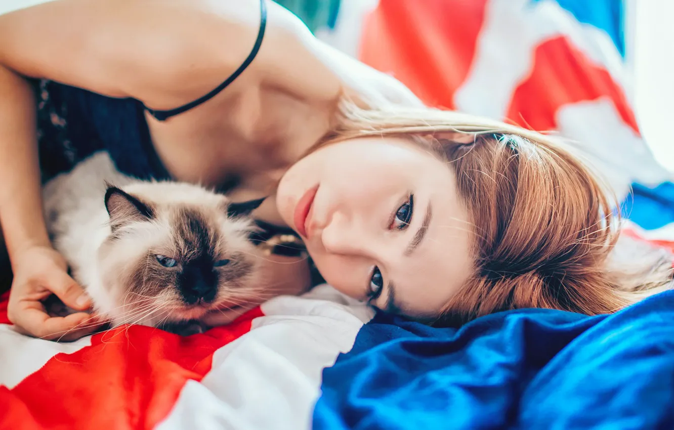 Photo wallpaper cat, girl, background