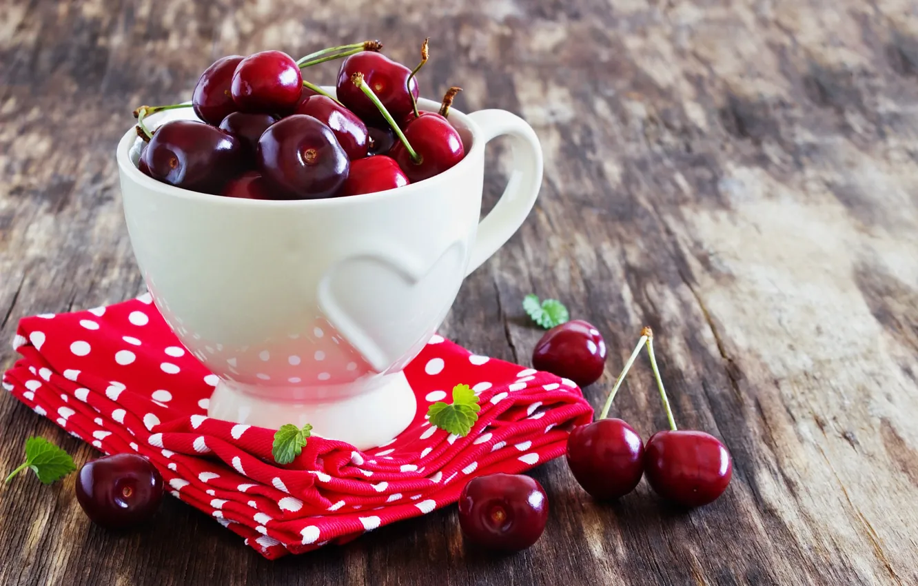 Photo wallpaper cherry, berries, Board, Cup, napkin