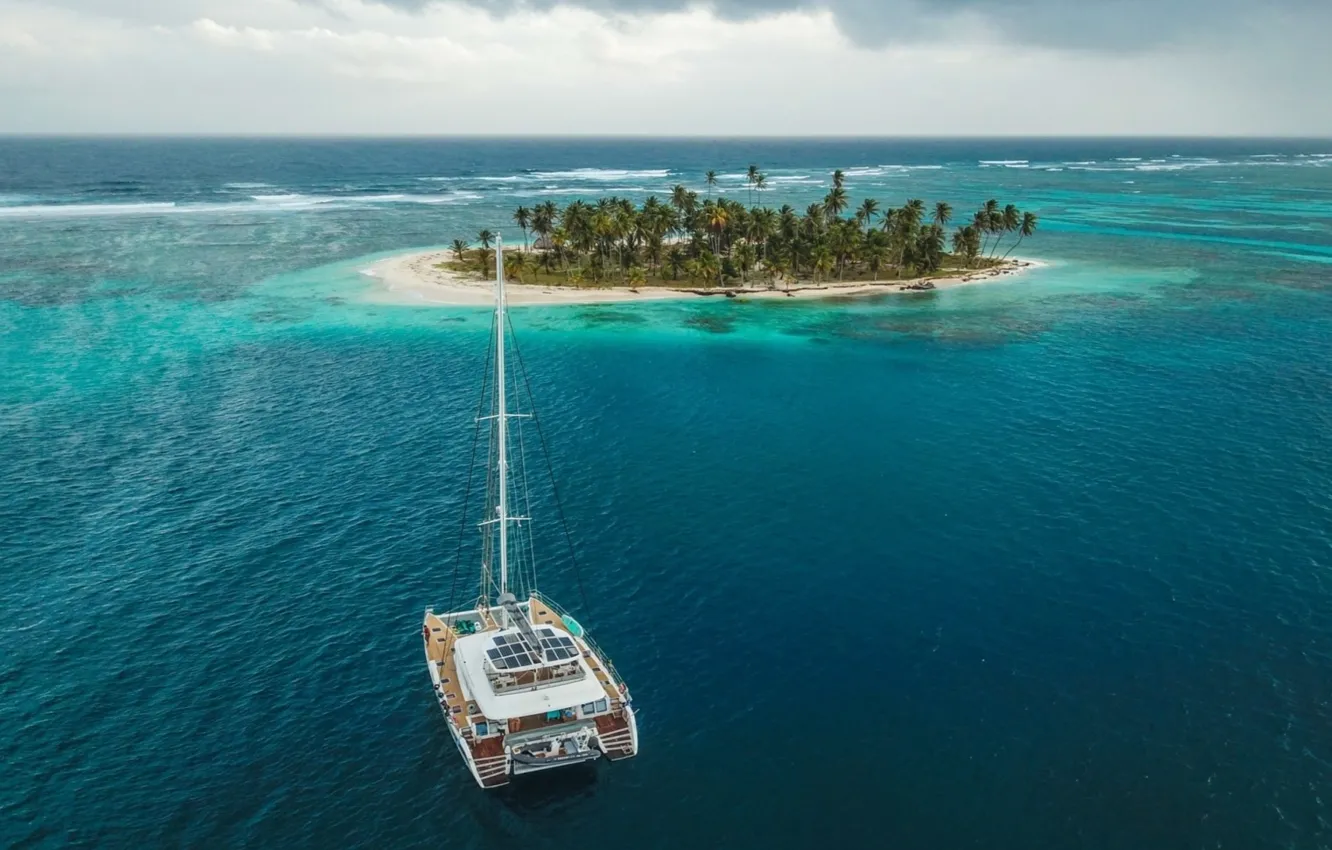 Photo wallpaper palm trees, the ocean, island, yacht, San Blas, dron