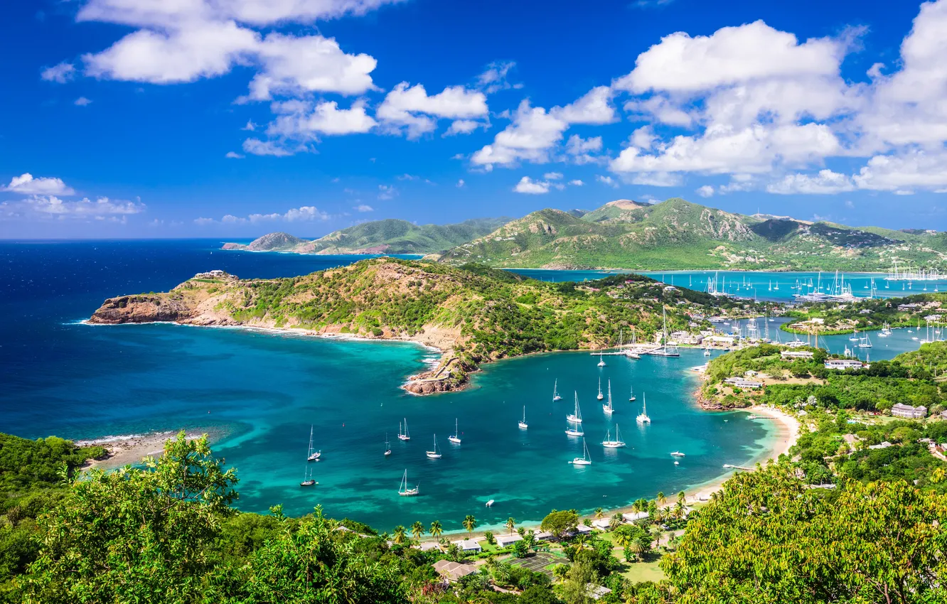 Photo wallpaper sea, landscape, island, yachts, bay