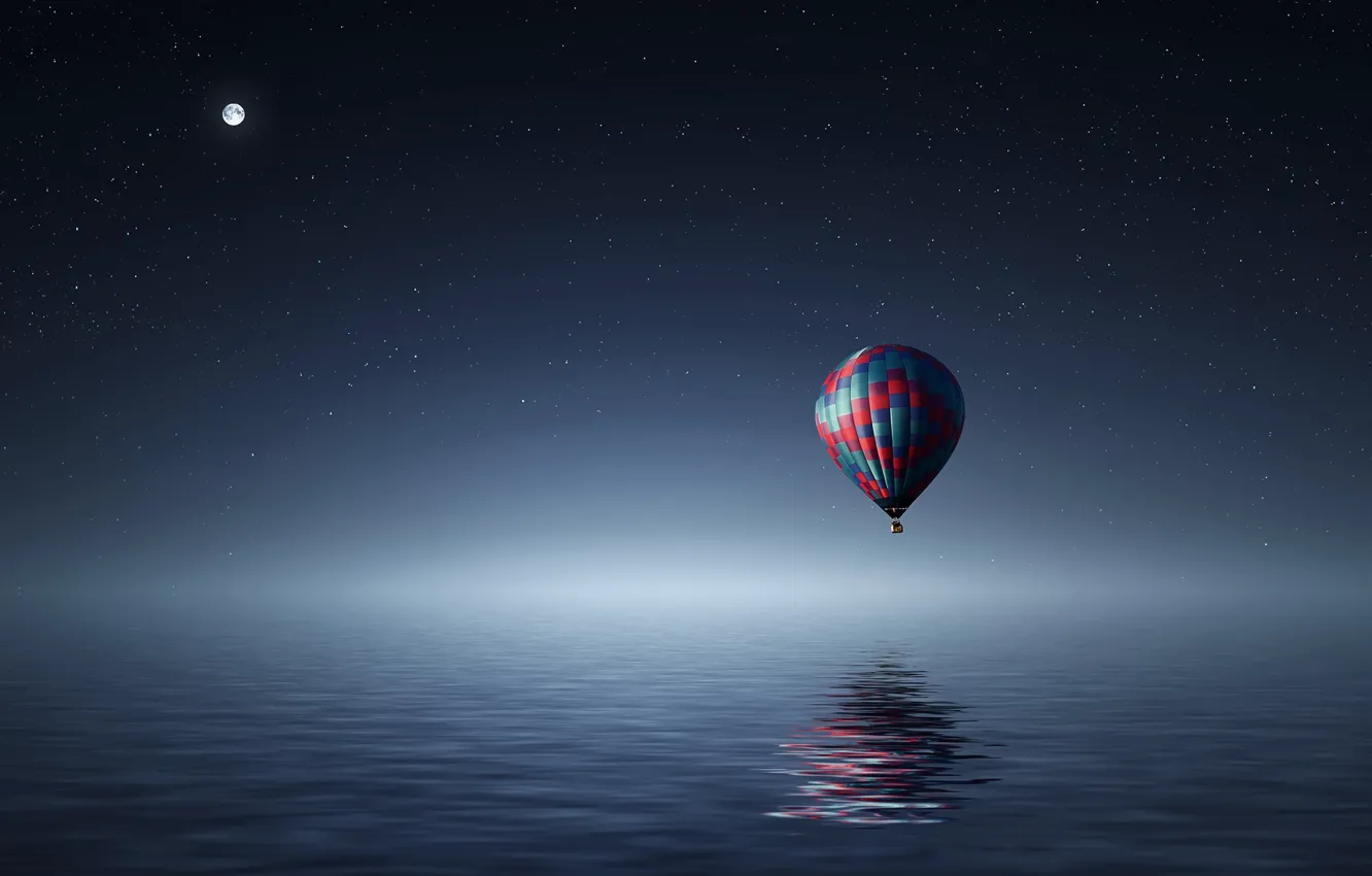 Photo wallpaper sea, stars, night, balloon, the moon