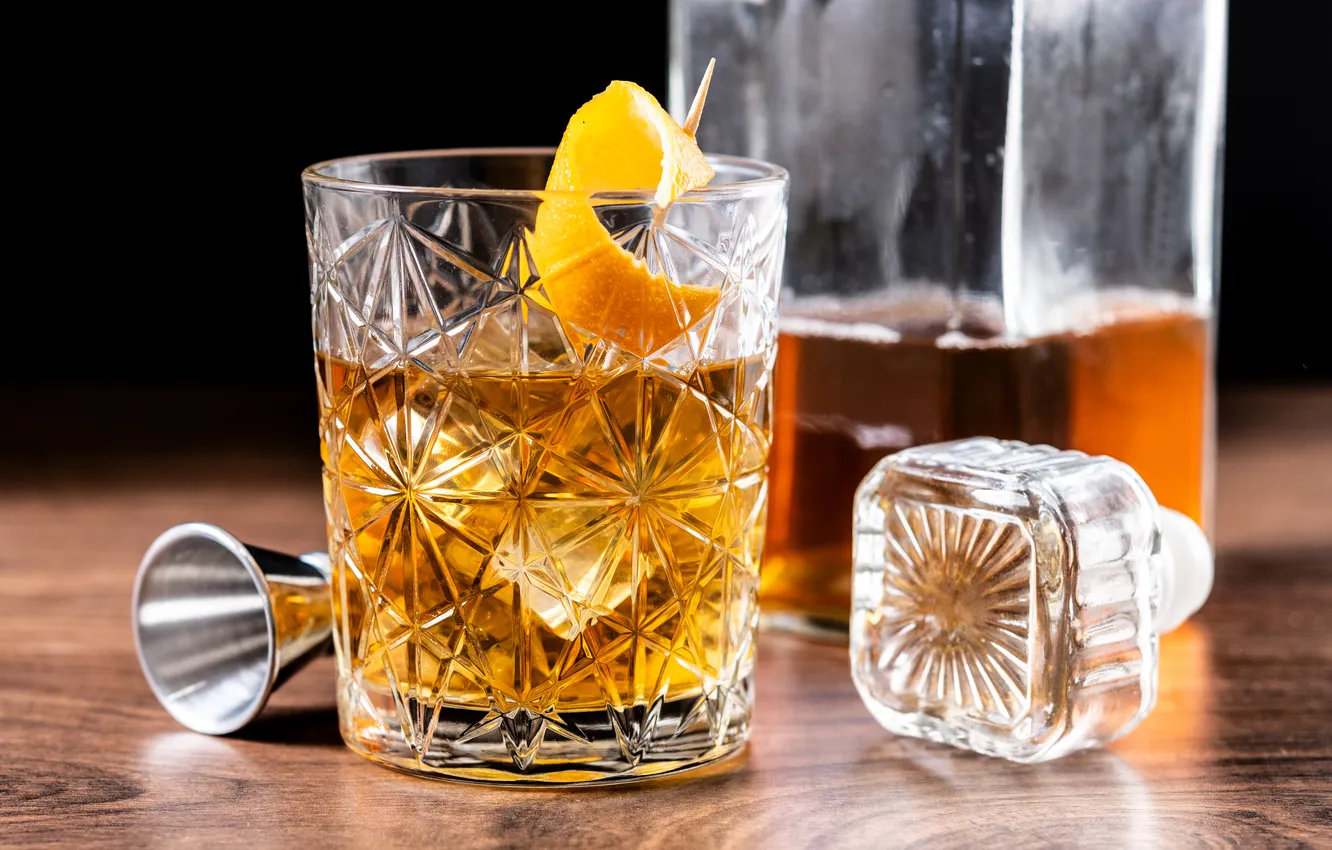 Photo wallpaper old, orange, wooden, cocktail, table, fashioned, garnished