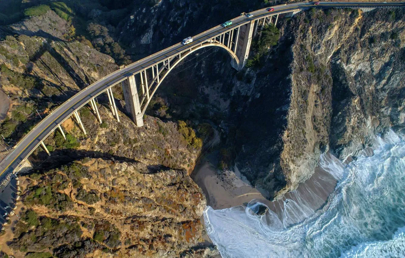 Photo wallpaper wave, landscape, mountains, nature, the ocean, rocks, CA, waves