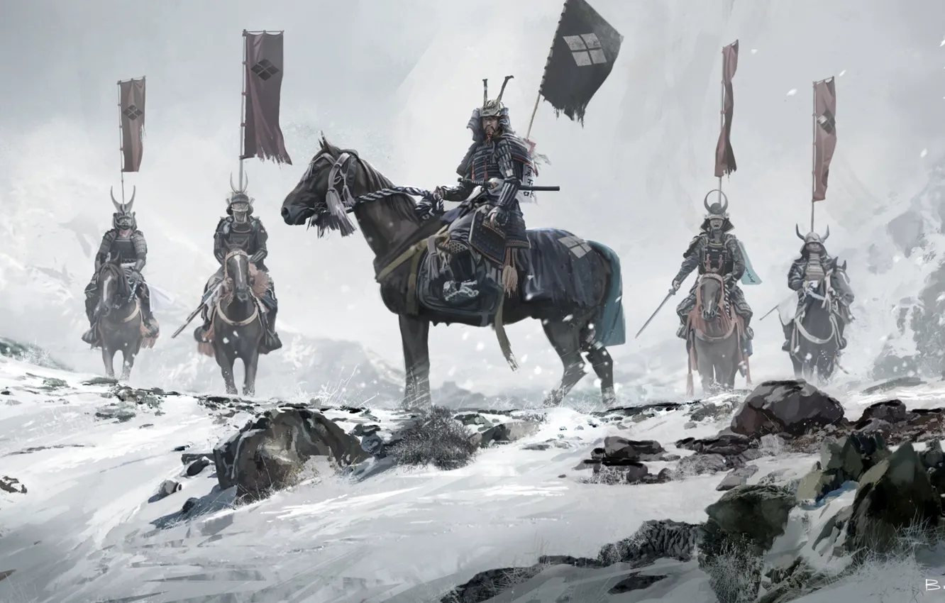 Photo wallpaper winter, snow, Asia, Japan, warriors, riders, banners, samurai