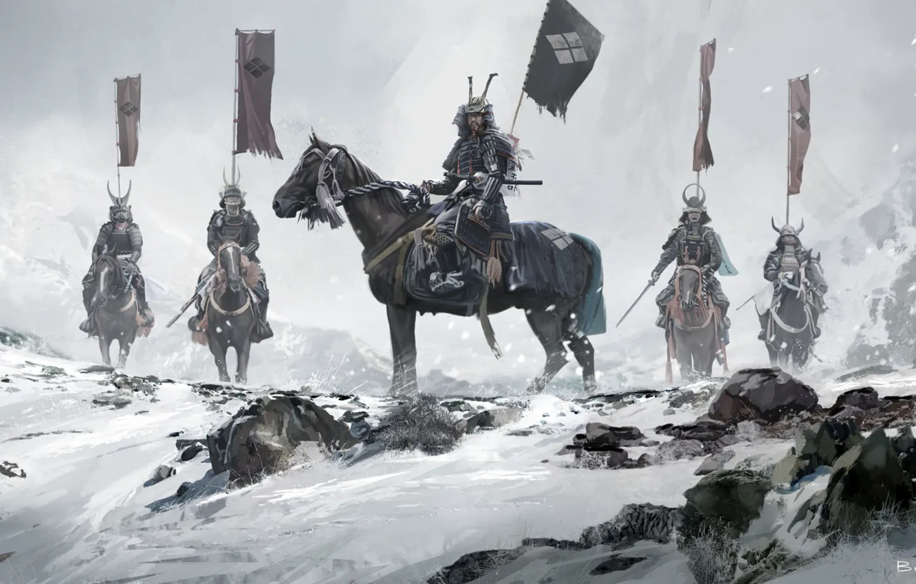 Photo wallpaper winter, snow, Asia, Japan, warrior, samurai, rider, banner