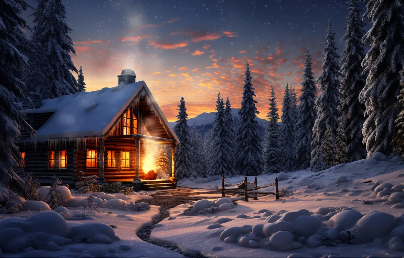Photo wallpaper winter, forest, snow, mountains, night, nature, house, house