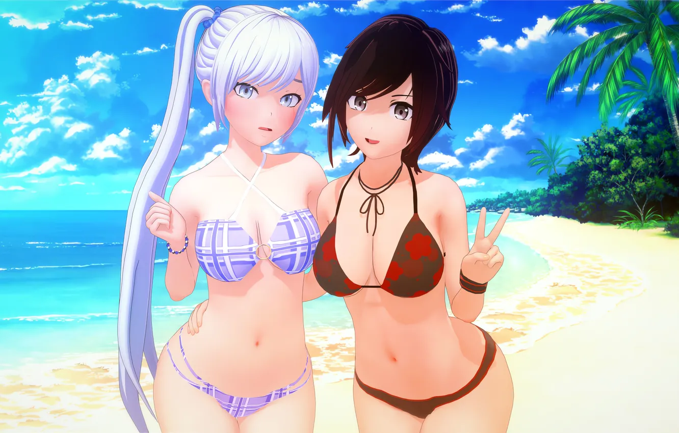 Photo wallpaper sexy, cleavage, beach, long hair, trees, sea, girls, nature