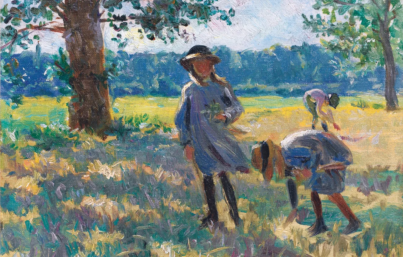 Photo wallpaper landscape, children, picture, genre, Henri Lebacq, The Gathering of Flowers