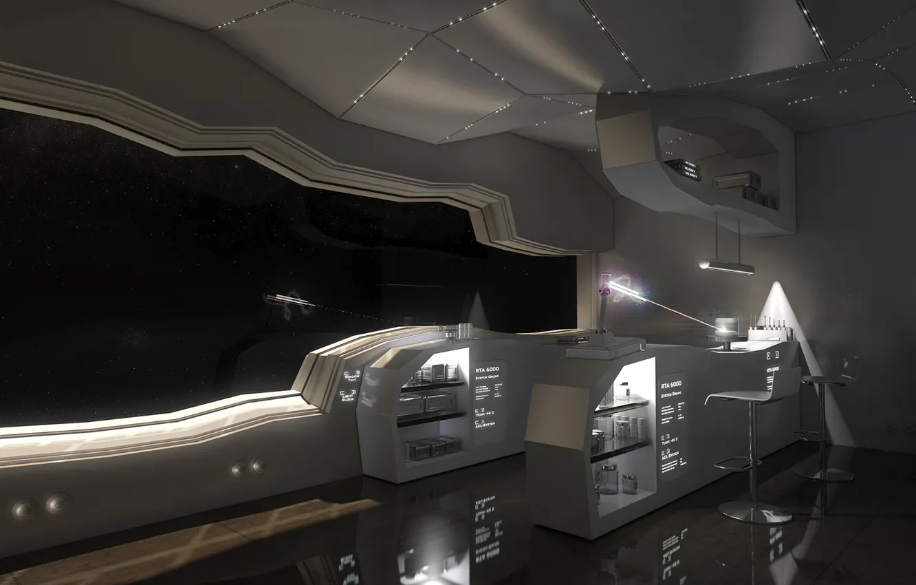 Photo wallpaper space, rays, future, room, ship, art, chair, the window