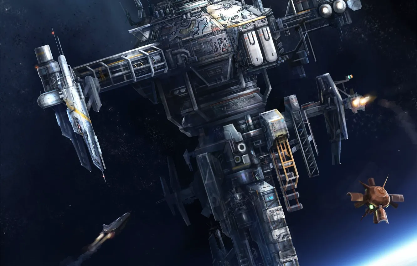 Photo wallpaper ship, planet, satellite, station, art