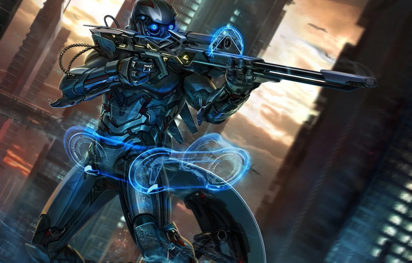 Photo wallpaper the city, interface, art, armor, sniper, rifle