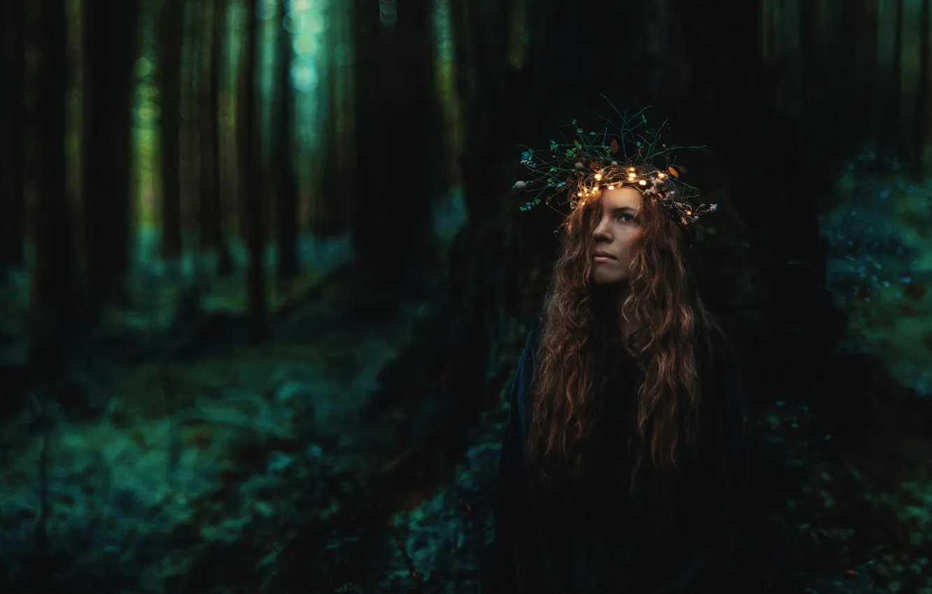 Photo wallpaper forest, girl, night