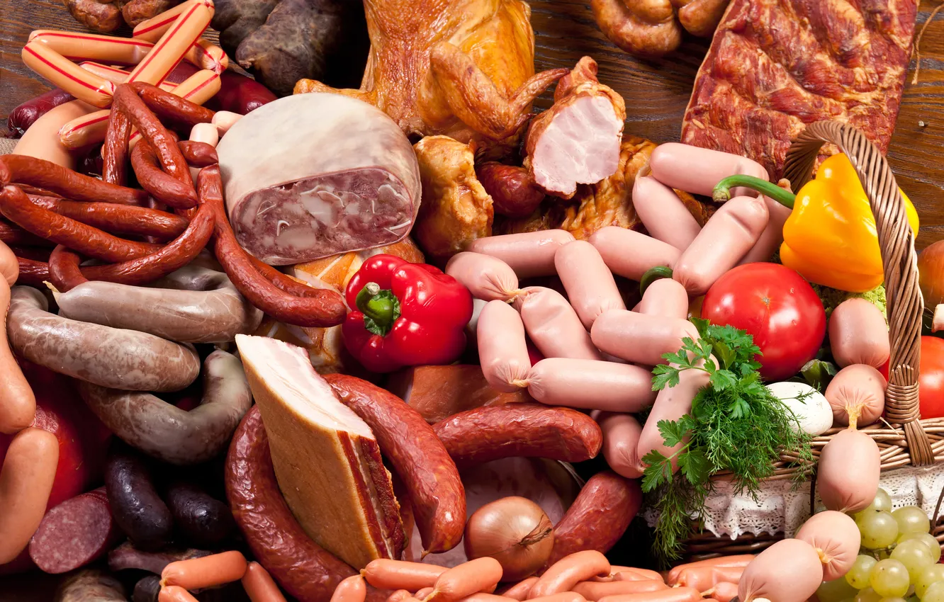 Photo wallpaper photo, Pepper, Food, Sausage, Ham, Sausage, Meat products