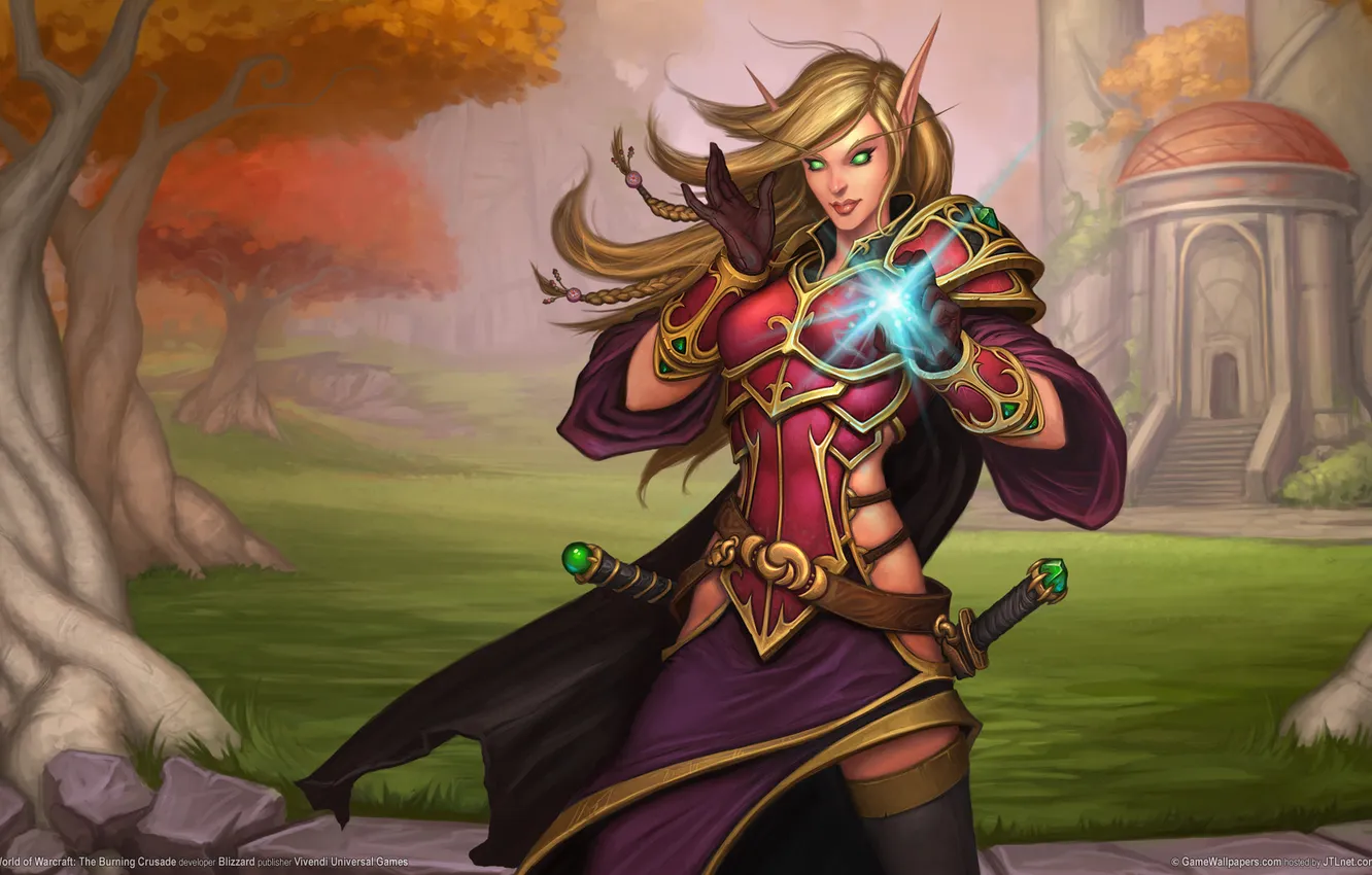 Photo wallpaper trees, landscape, weapons, magic, elf, sword, World of Warcraft, elf