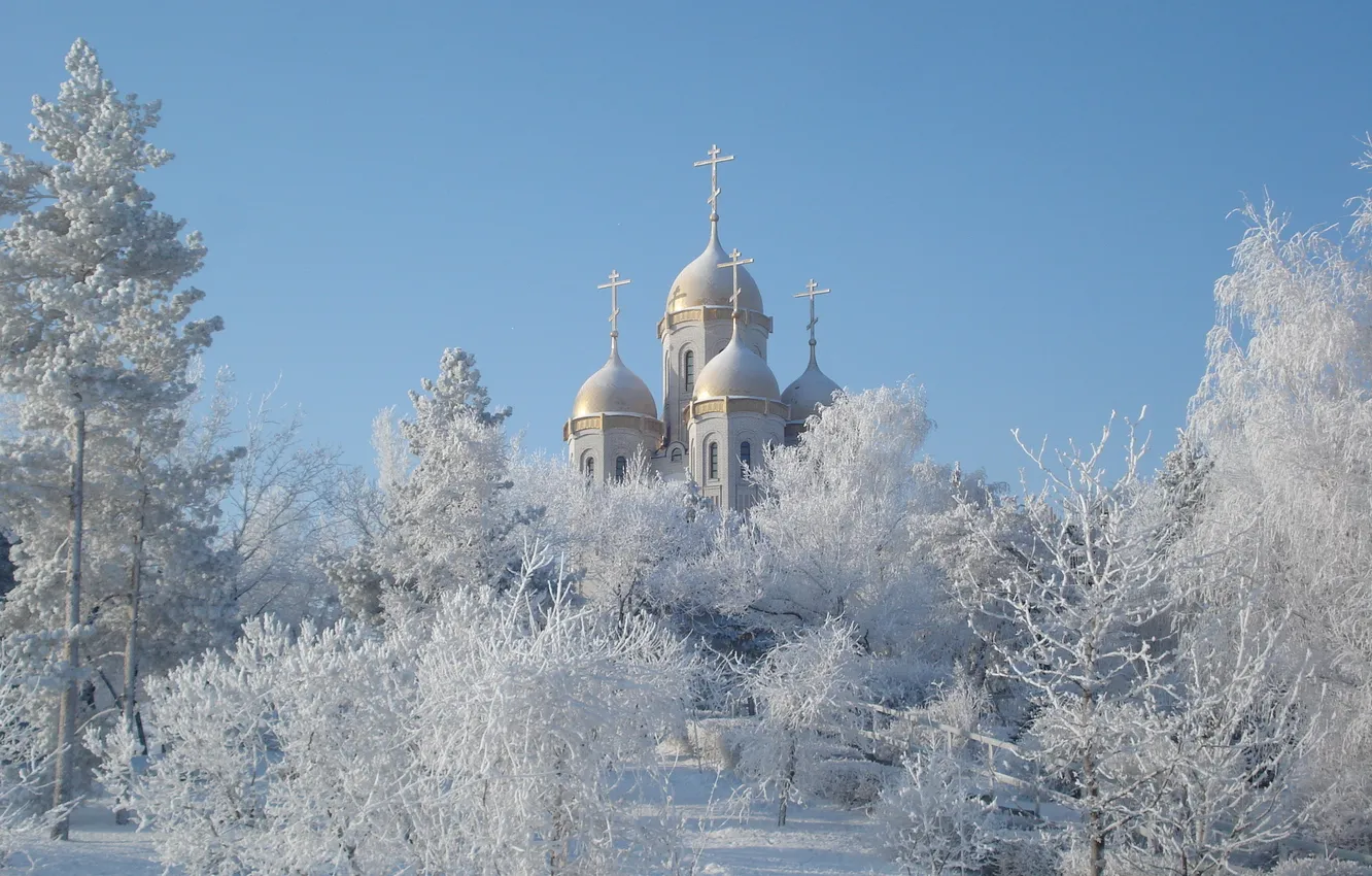 Photo wallpaper winter, snow, landscape, Church, the dome