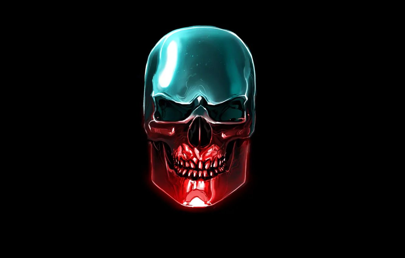 Photo wallpaper blue, red, skull, head, skeleton, black background