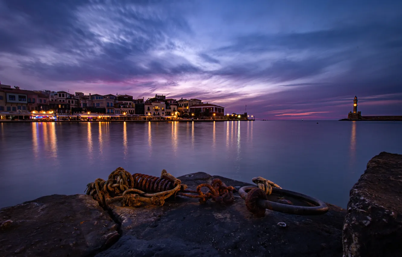 Photo wallpaper lighthouse, Night Chania, Coast Port, Greece