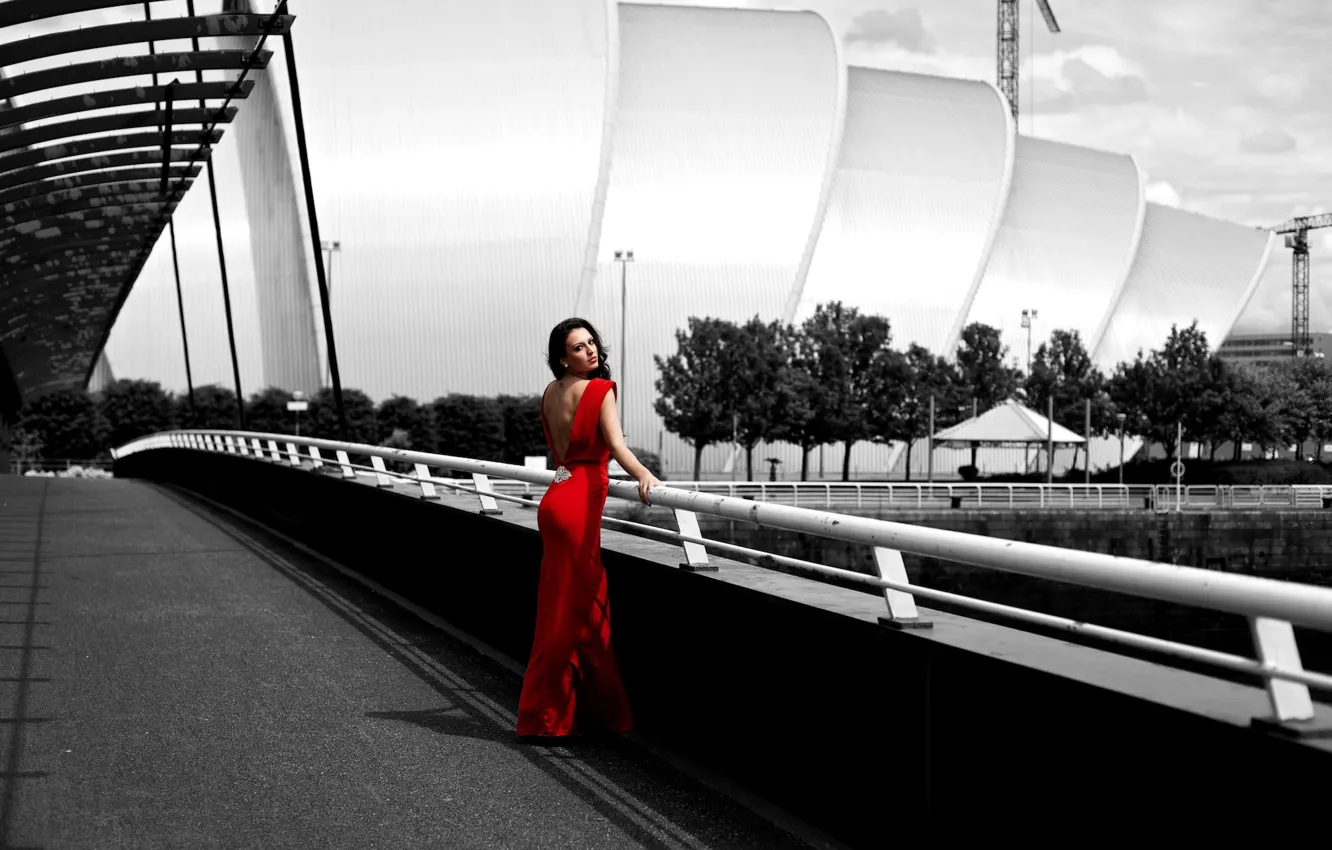 Photo wallpaper girl, pose, red, street, dress, brunette, black and white