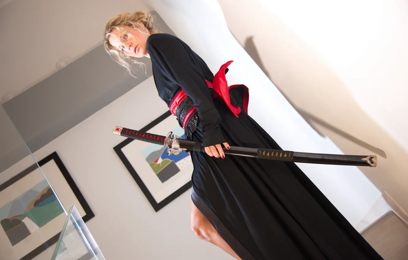 Photo wallpaper girl, face, style, sword, katana