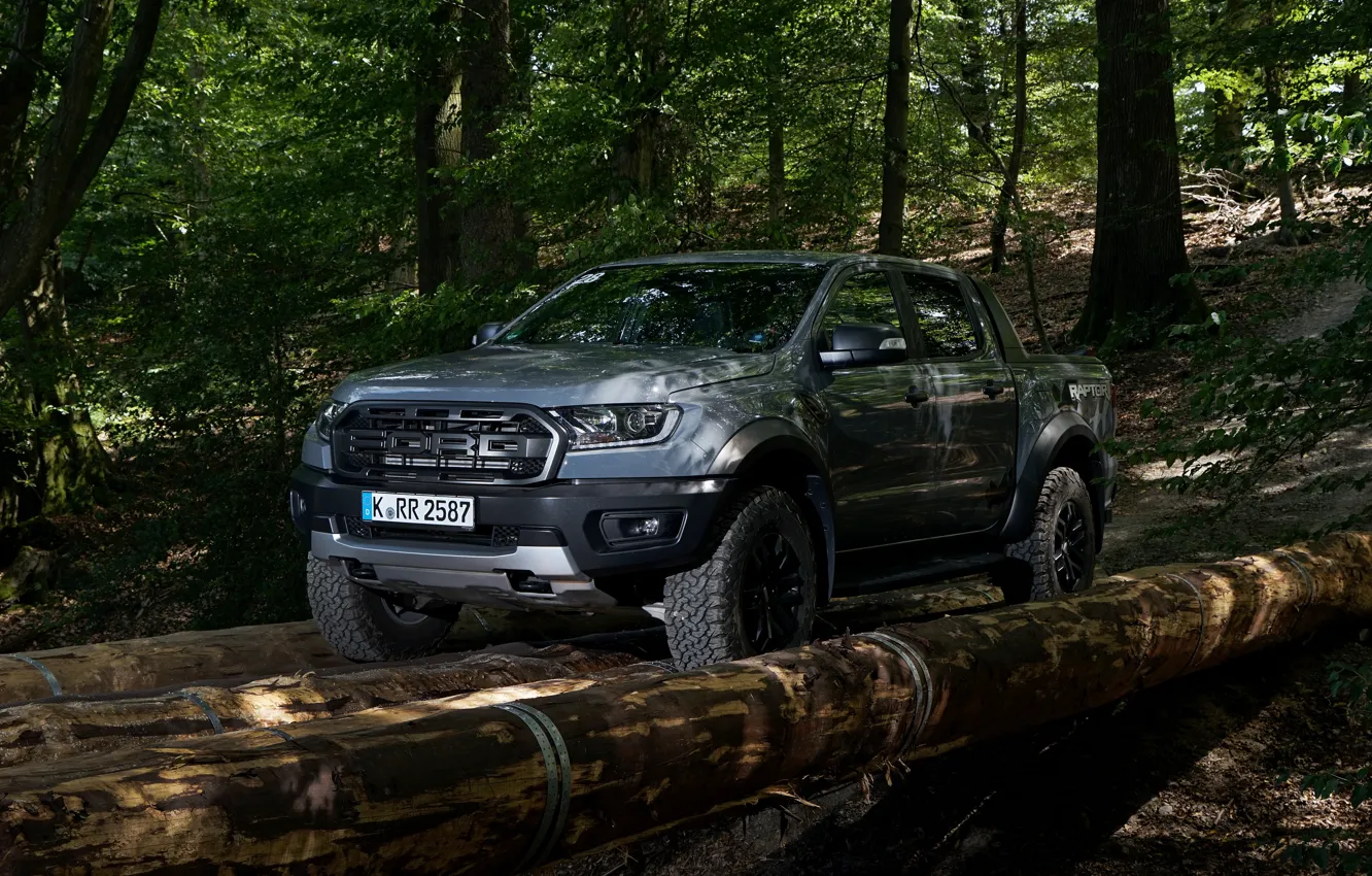 Photo wallpaper forest, grey, Ford, Raptor, pickup, logs, Ranger, 2019