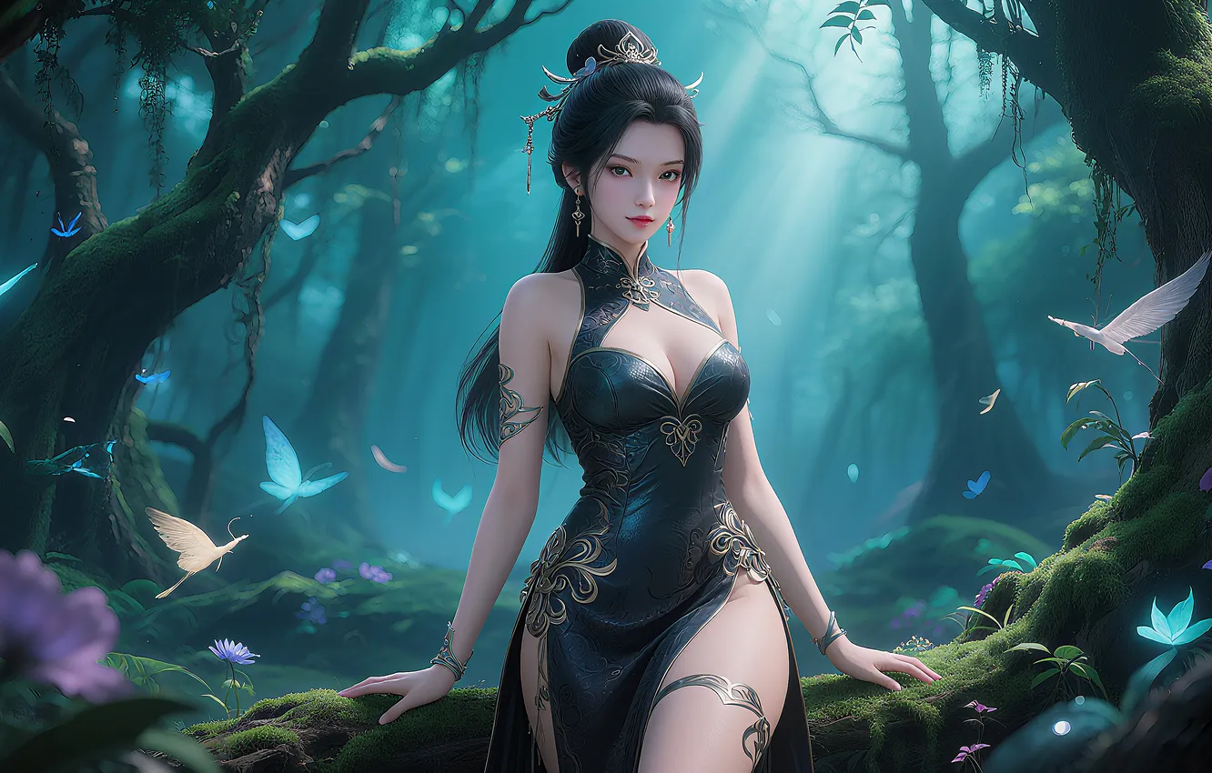 Photo wallpaper girl, forest, dress, brunette, asian, ai art