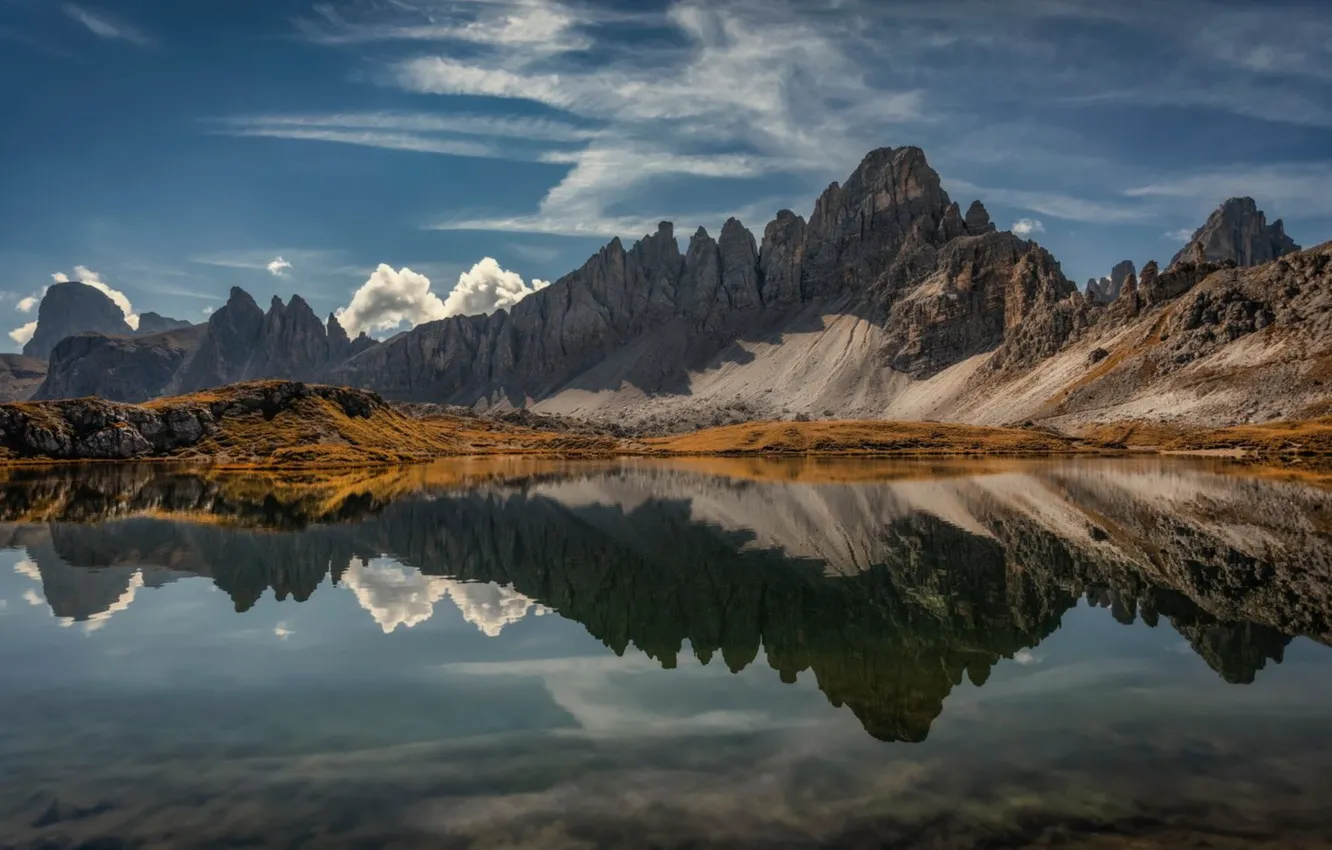 Photo wallpaper the sky, mountains, lake, glassy surface