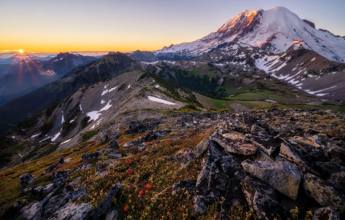 Photo wallpaper mountains, stones, dawn, slope